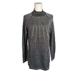 Silver Metallic Mock Neck Rhinestone Neckline Longline Sweater